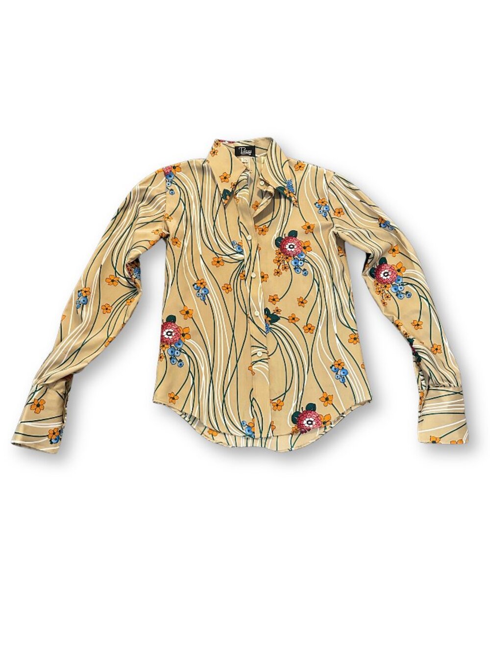 Vintage 70s Tucci Floral Button Down Blouse Groovy Retro Mod Top Size 7/8